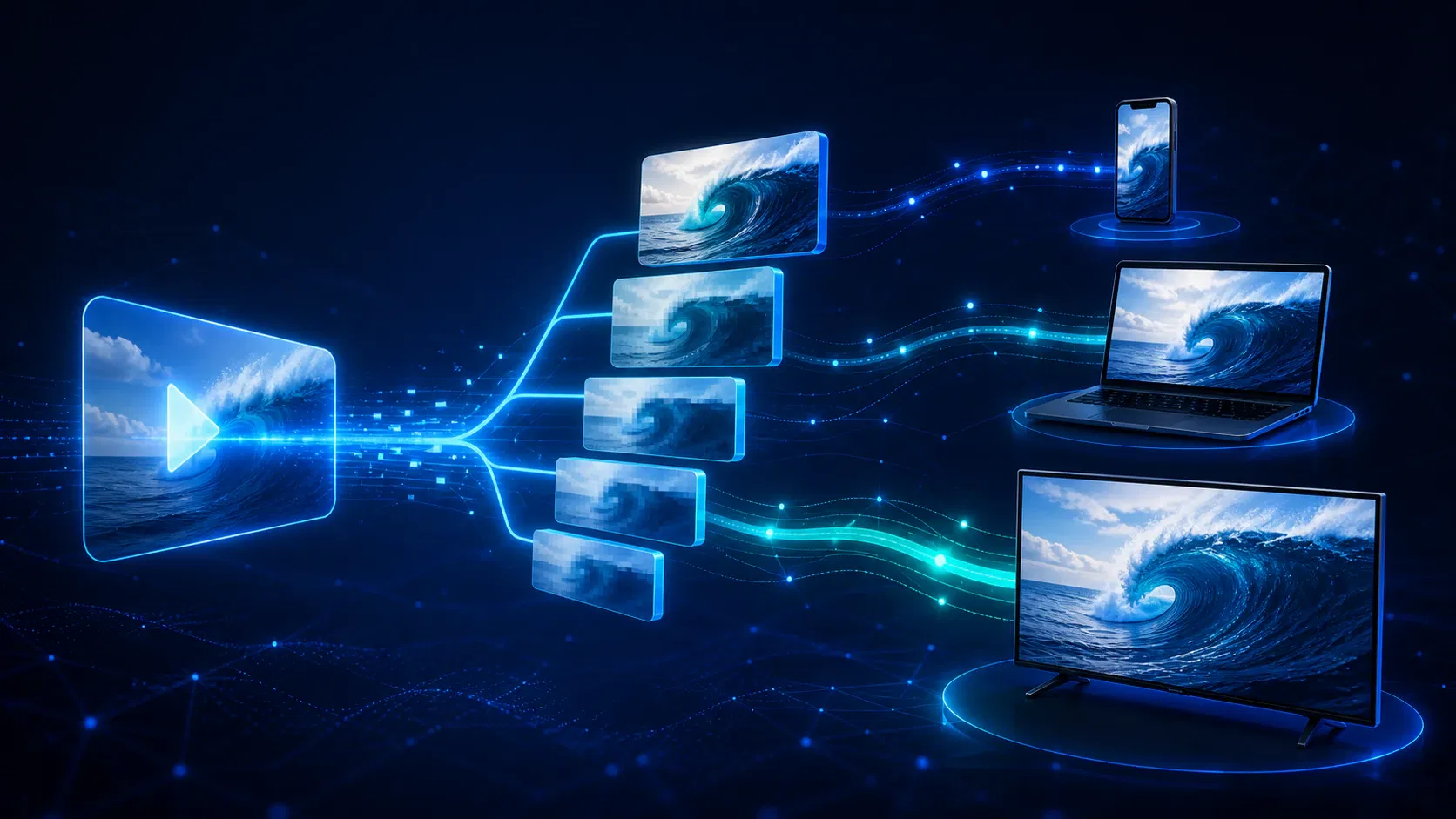 Abstract streaming ladder flowing from one video source to multiple device-ready quality levels