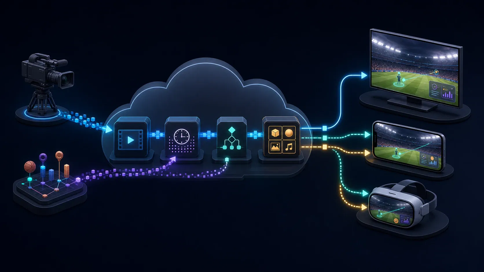 OTT architecture connecting live video, timed data and AR renderers across viewer devices