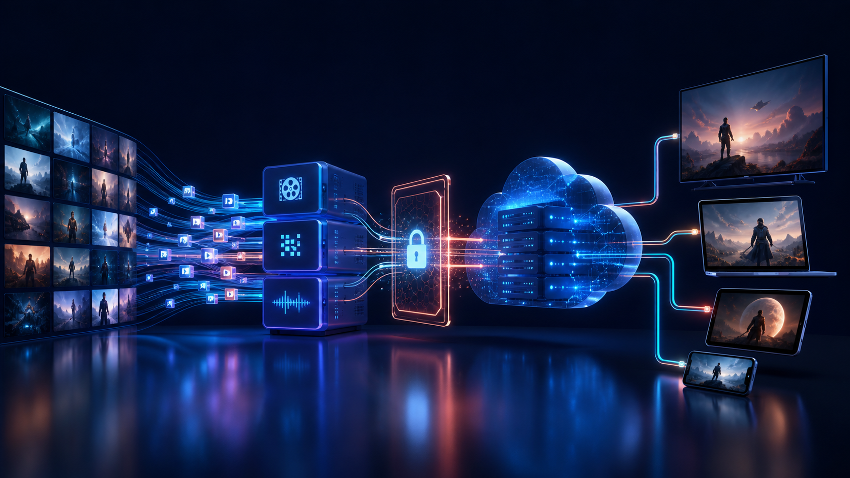 OTT media library flowing through secure delivery to web, mobile, and TV