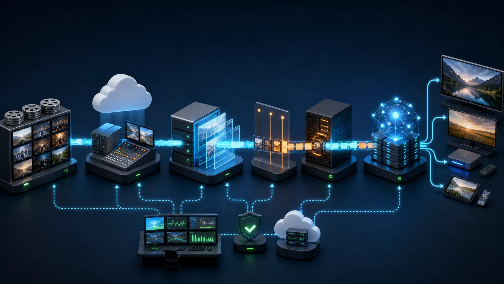 End-to-end FAST channel architecture from media library through playout, SSAI, CDN, monitoring, and TVs