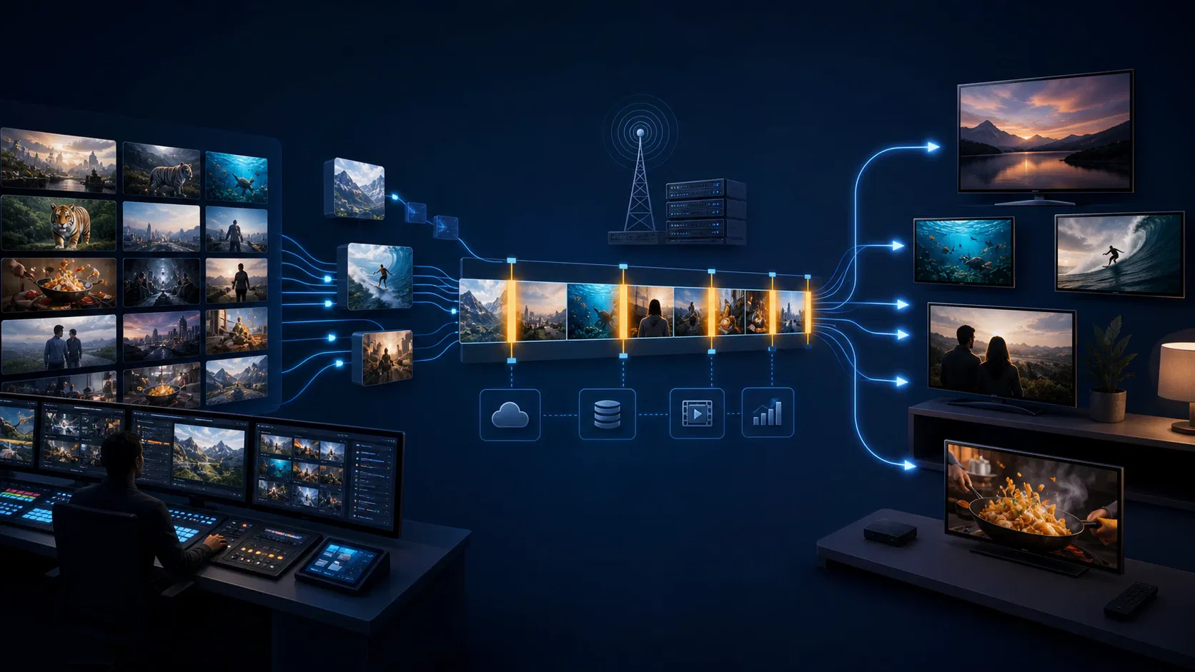 FAST channel platform connecting a media library, playout timeline, ad breaks, and connected TVs