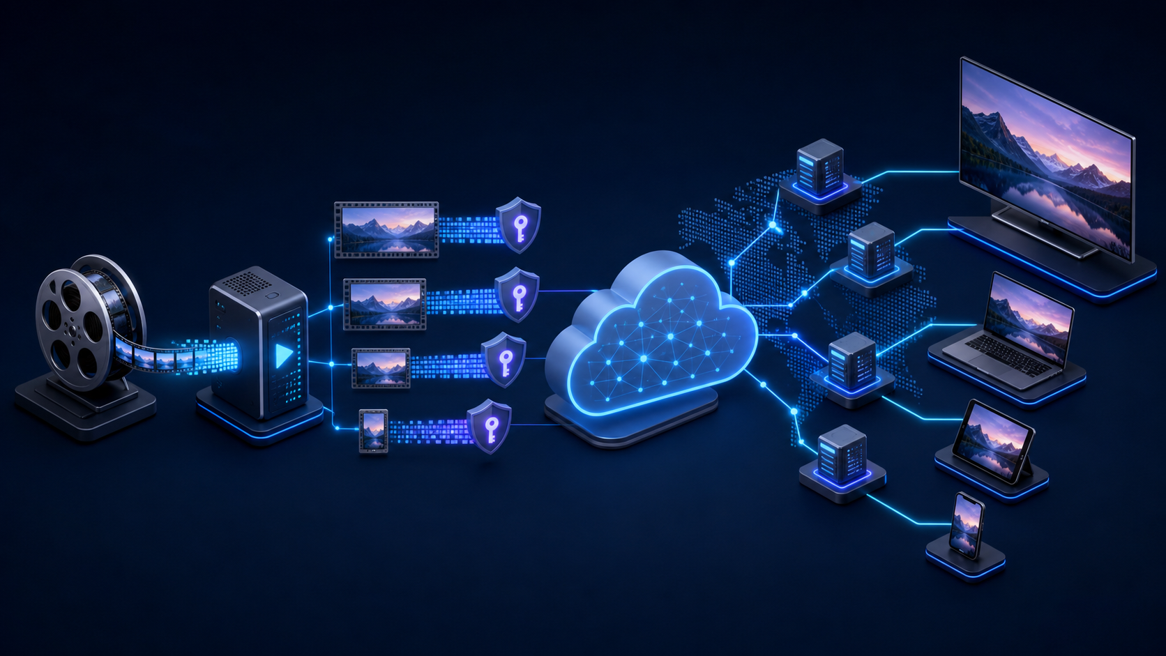 OTT content encoded into protected renditions and delivered through a distributed network