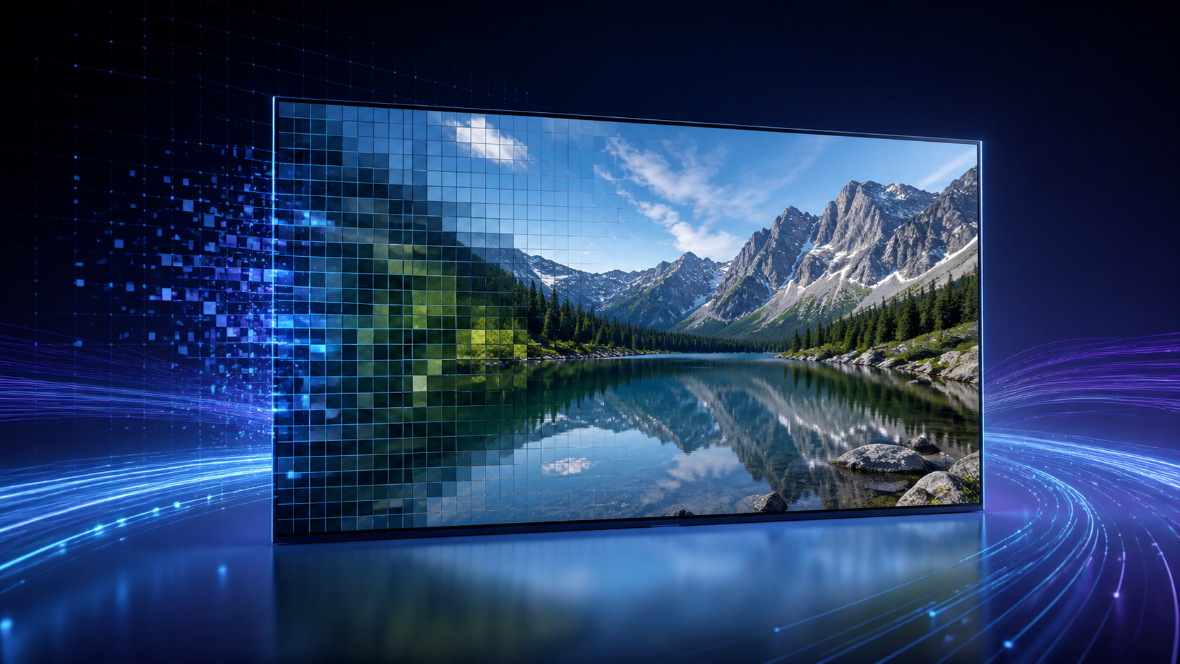 Full HD display transitioning from a visible pixel grid to a sharp landscape image