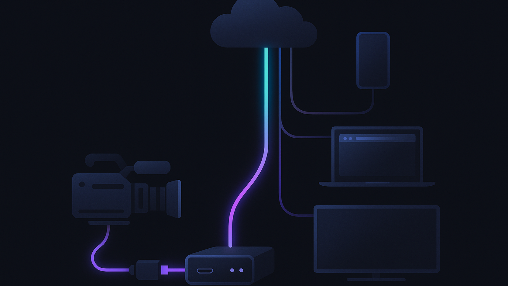 HDMI HLS encoder sending one live stream from a camera to the cloud, which delivers it to phones, laptops and TVs