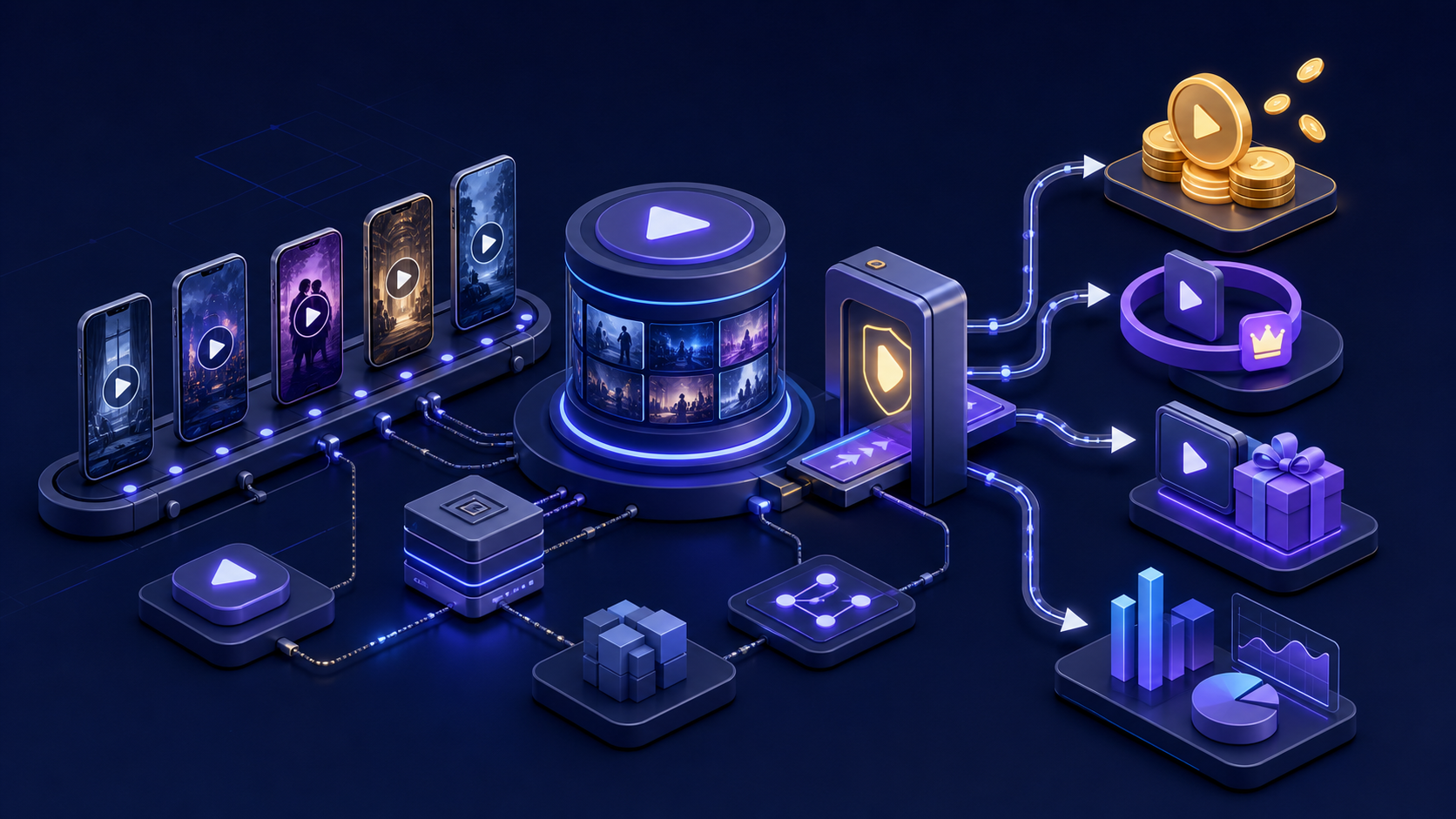 Microdrama monetization system connecting episodes, entitlements, analytics, and revenue
