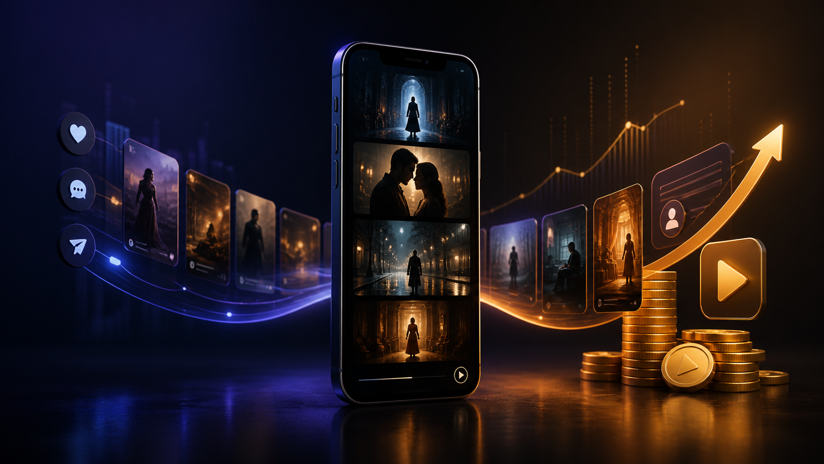 Vertical microdrama episodes moving from social discovery to paid mobile viewing
