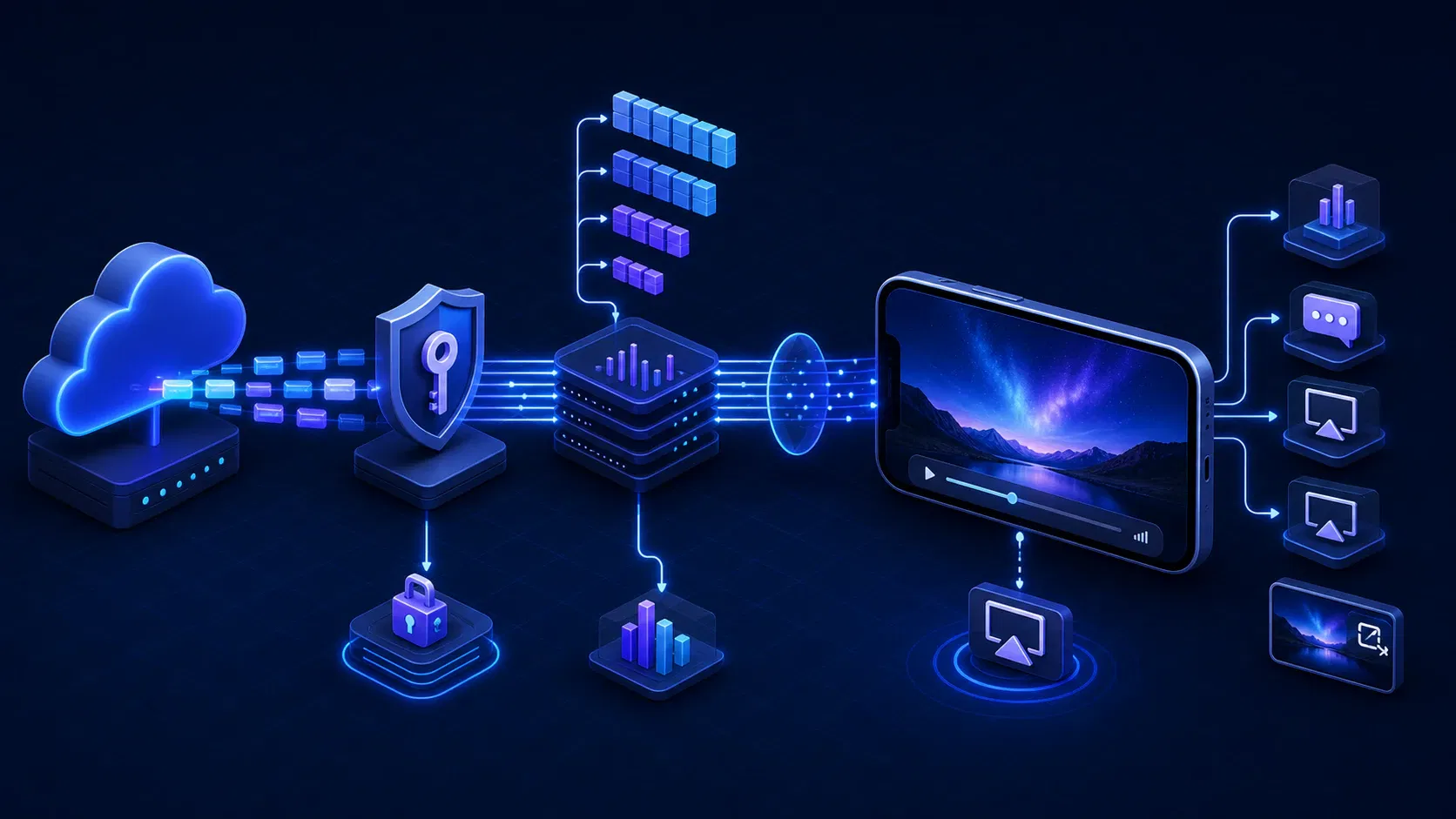 HLS delivery, content protection, analytics, and native playback architecture