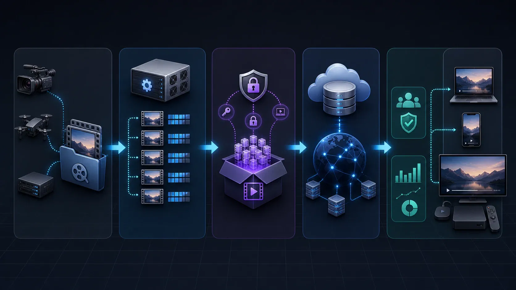 Video-on-demand pipeline from ingest and encoding through DRM, cloud delivery, analytics, and playback devices