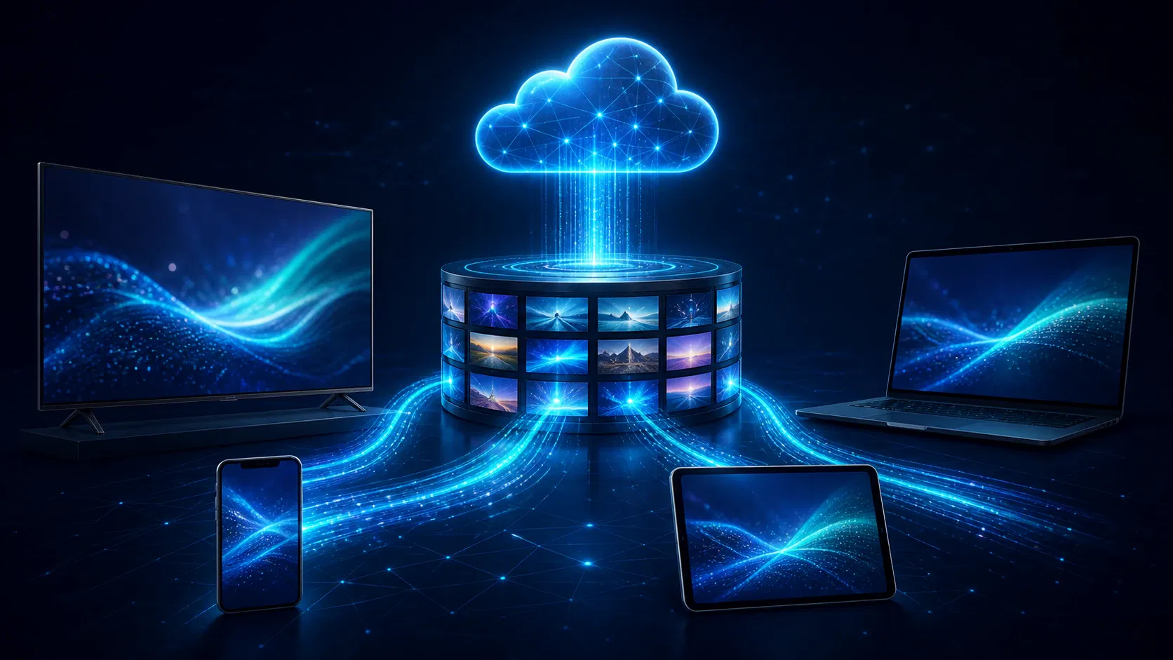 Internet video flowing from a media library through the cloud to TVs, phones, and laptops