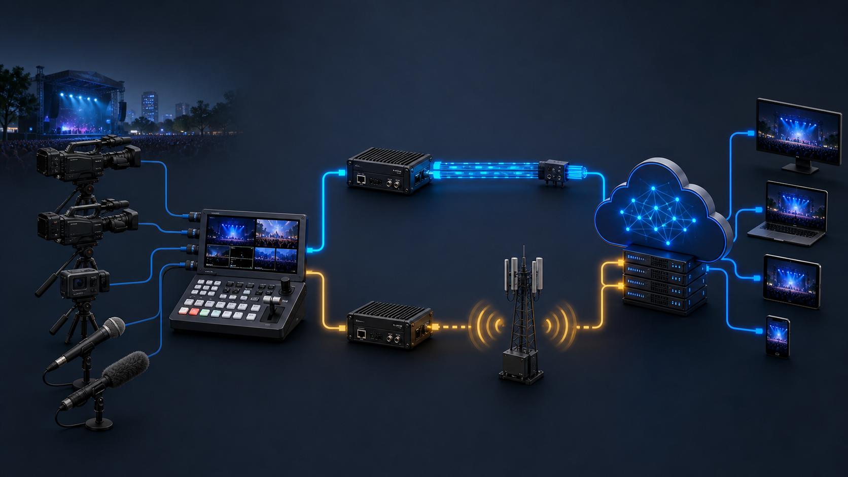 Primary and backup signal paths connecting an outdoor production site to a cloud streaming platform