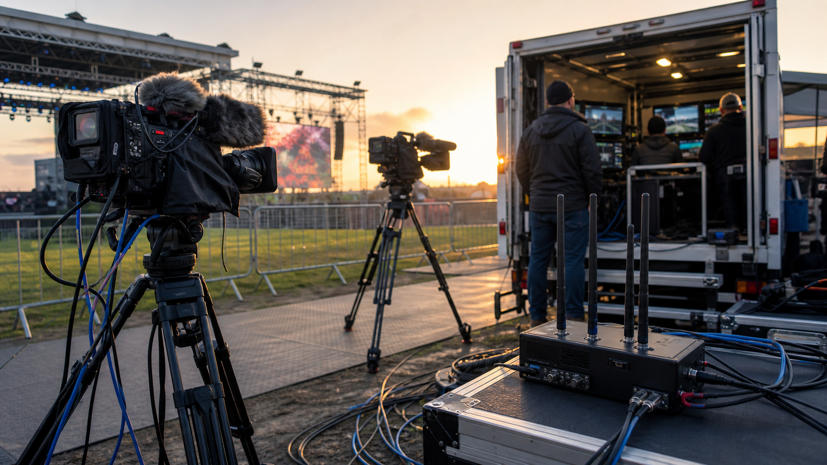 Outdoor broadcasting crew operating cameras and a mobile production unit at a live event
