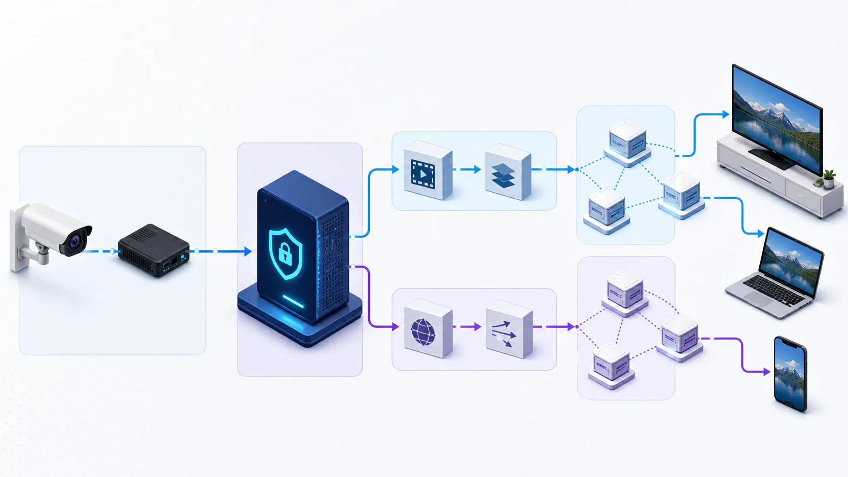 An RTSP-to-OTT pipeline from video source through a media gateway to HLS and WebRTC viewers
