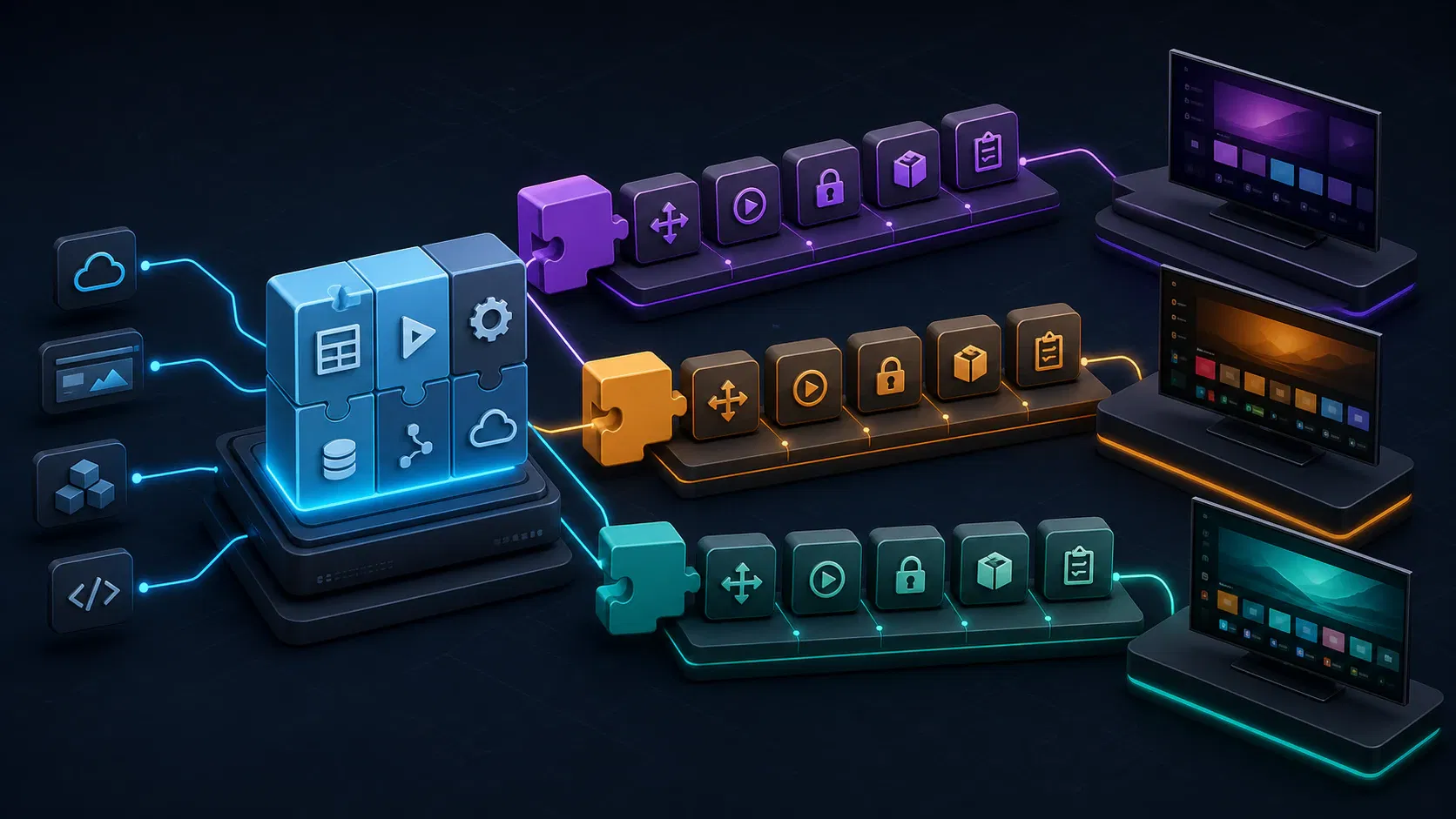 Shared TV app core branching into three platform-specific adapters