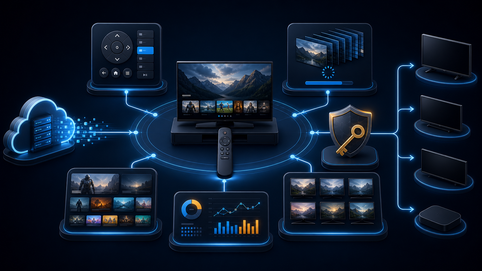 Remote-first Android TV application architecture linking UI, playback, DRM, discovery, analytics, and device testing