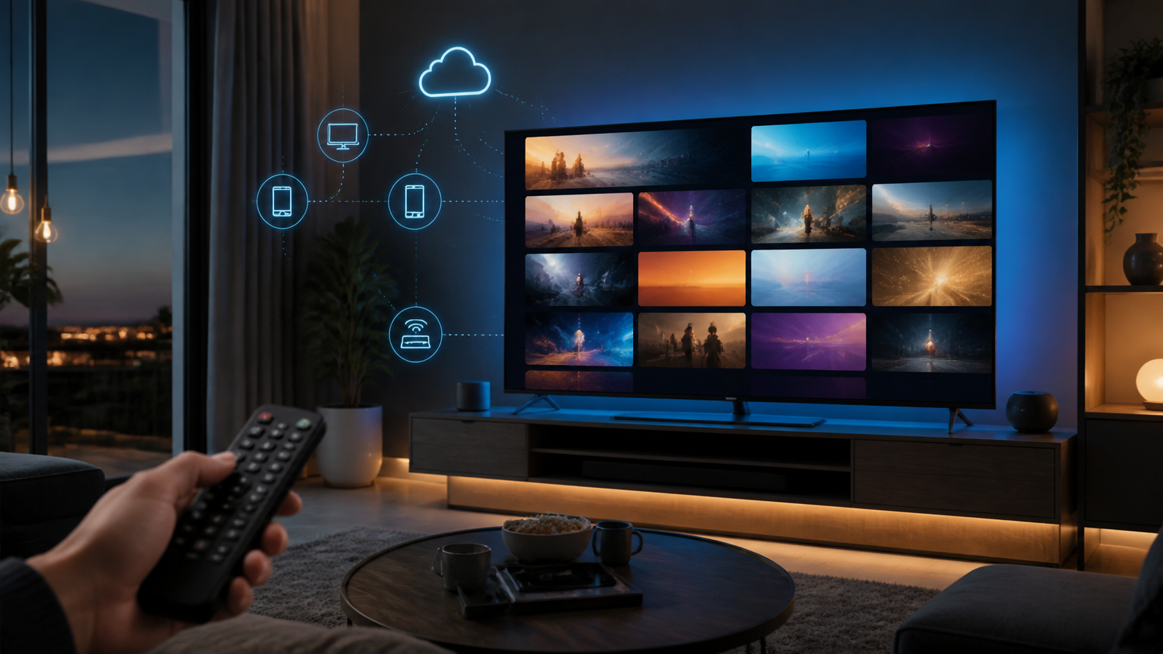 Connected TV ecosystem showing an Android TV app flowing from cloud services to a living-room screen