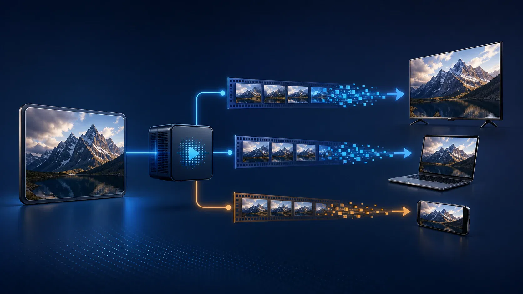 OTT encoding workflow showing a source transformed into capped VBR renditions for adaptive delivery