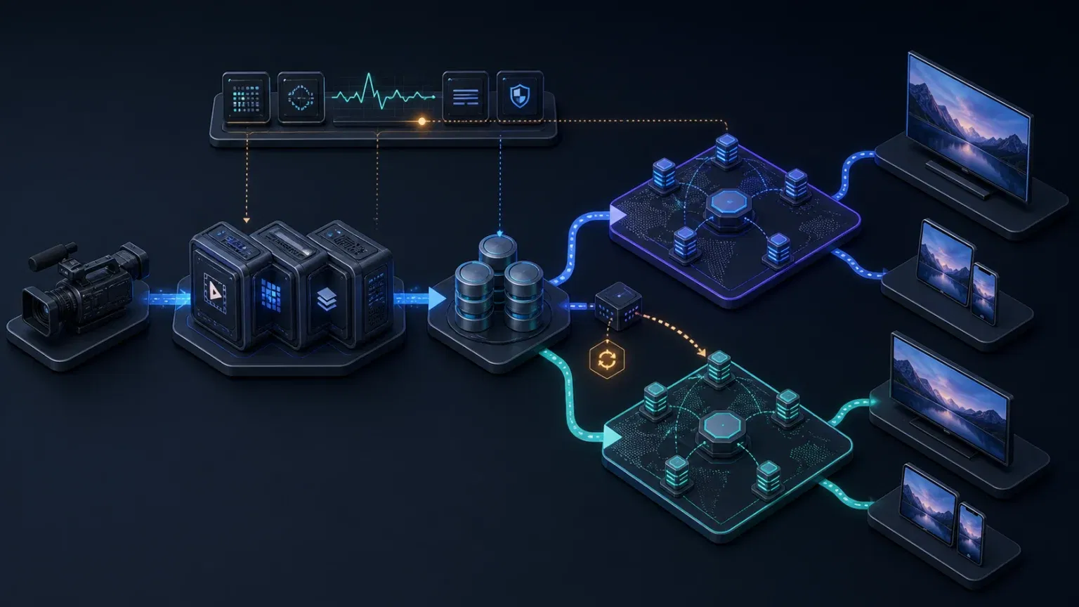 Resilient video pipeline with encoding, storage, two CDN paths, monitoring, and failover