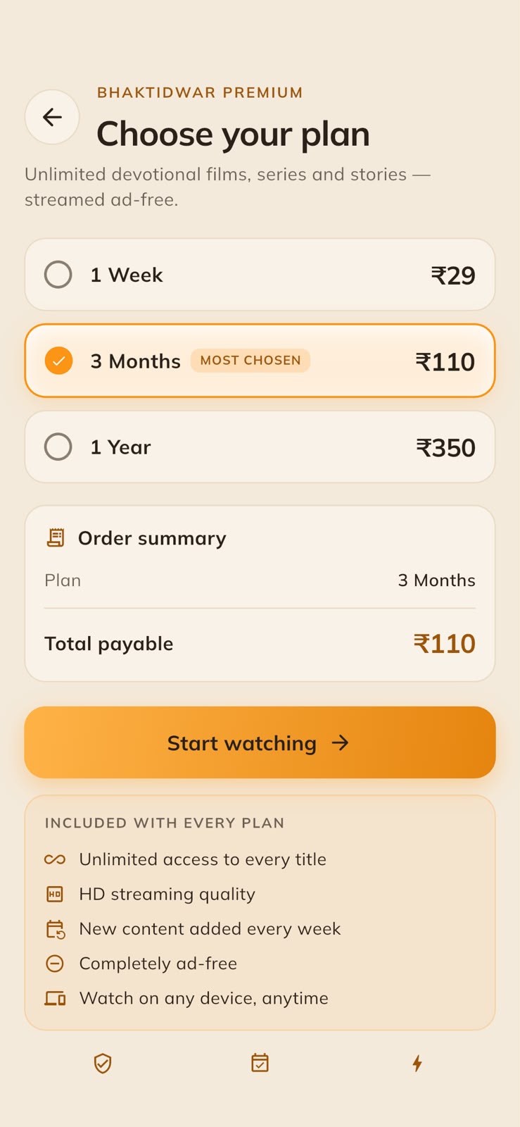 Plans page: three durations, an order summary and one saffron call to action.