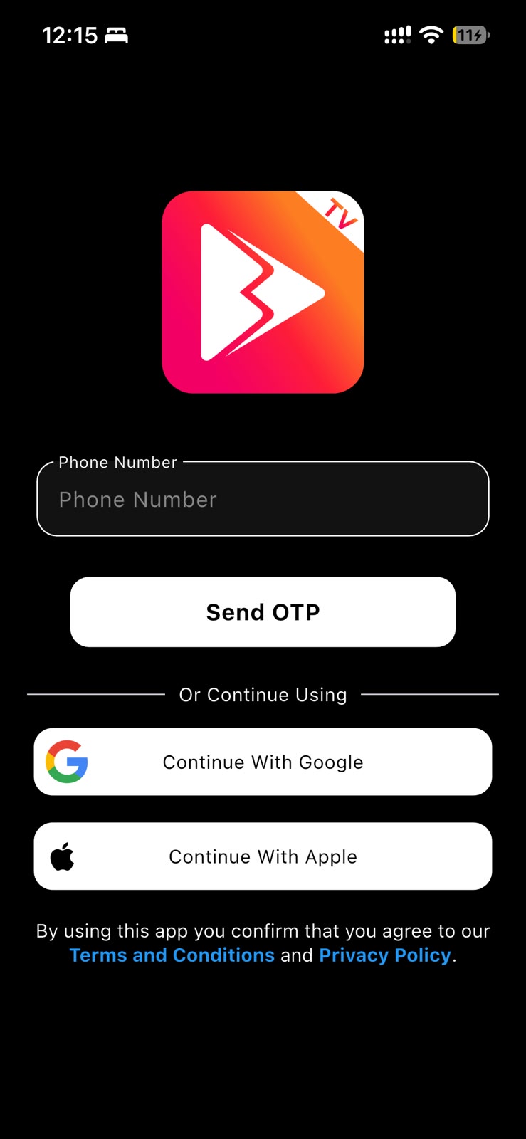 Sign-in by phone OTP, with Google and Apple as alternatives.