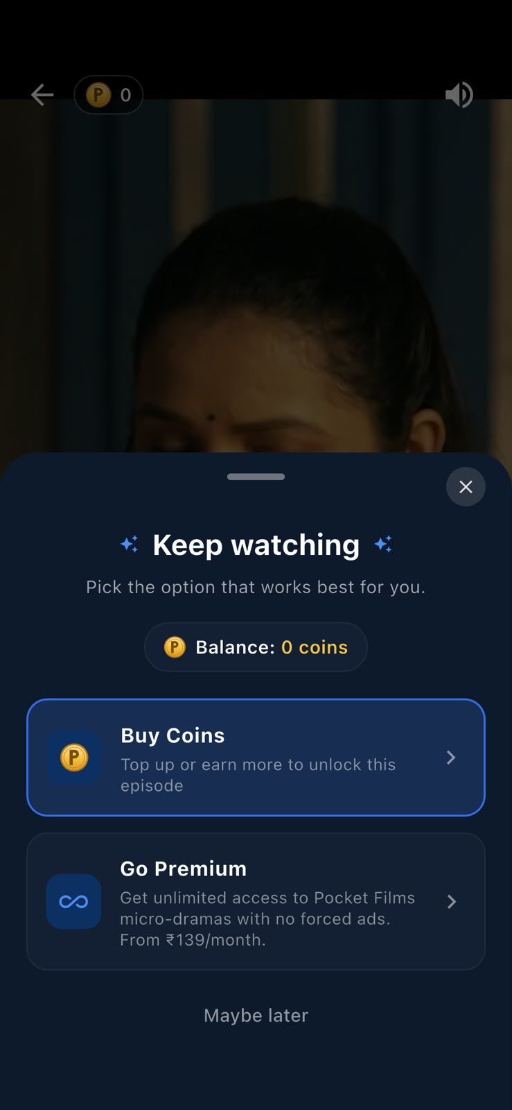 The "Keep watching" sheet on a locked episode: buy coins or go premium.