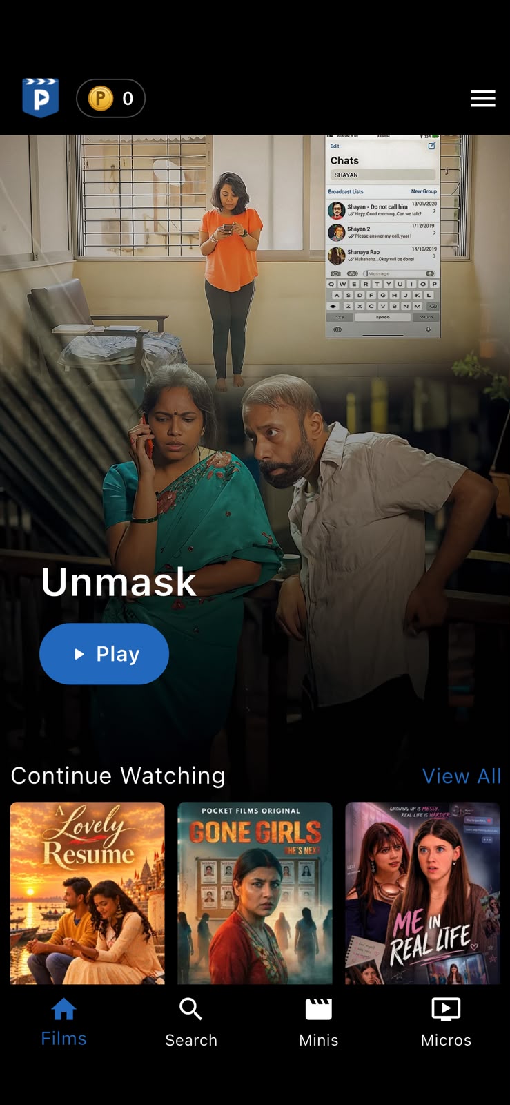 The Films tab: a featured title up top and Continue Watching below.