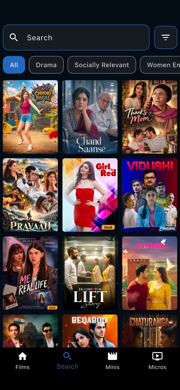 Search with genre filters over a poster grid of the catalogue.