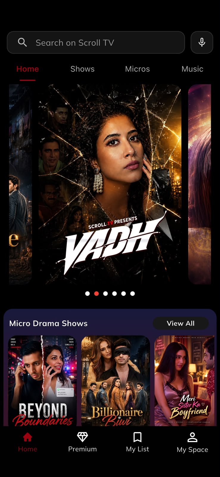 Home screen with Home, Shows, Micros and Music tabs over the featured carousel, and the Micro Drama Shows shelf.