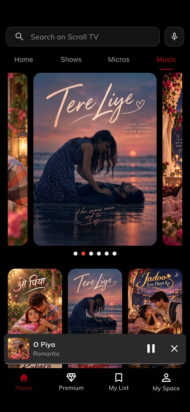 The Music tab, with a song playing in the mini player above the bottom navigation.