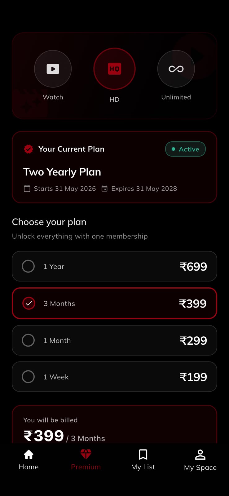 Plans page: the current plan up top and four durations to choose from.