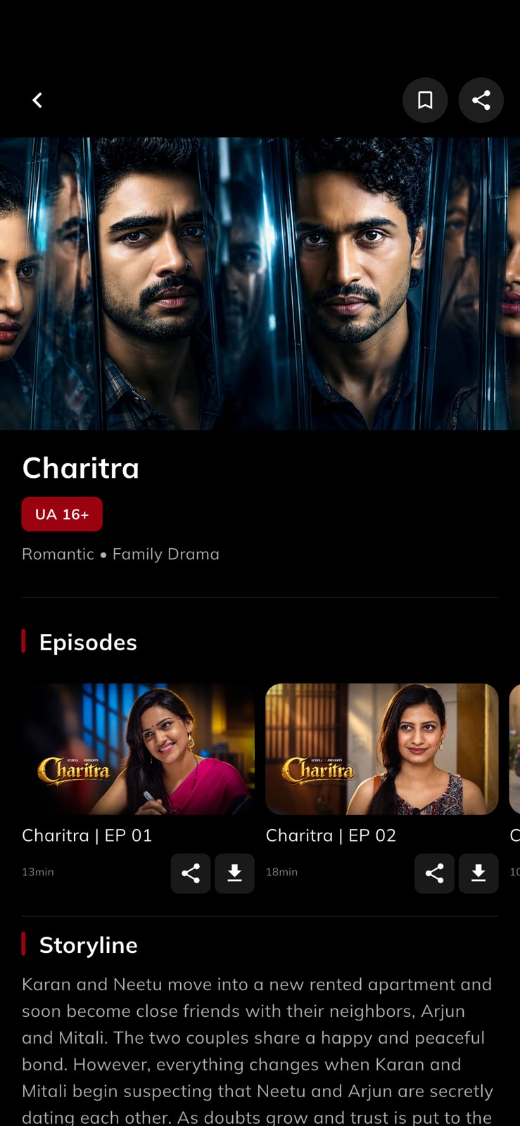 A series page with its episodes, each with share and download actions.