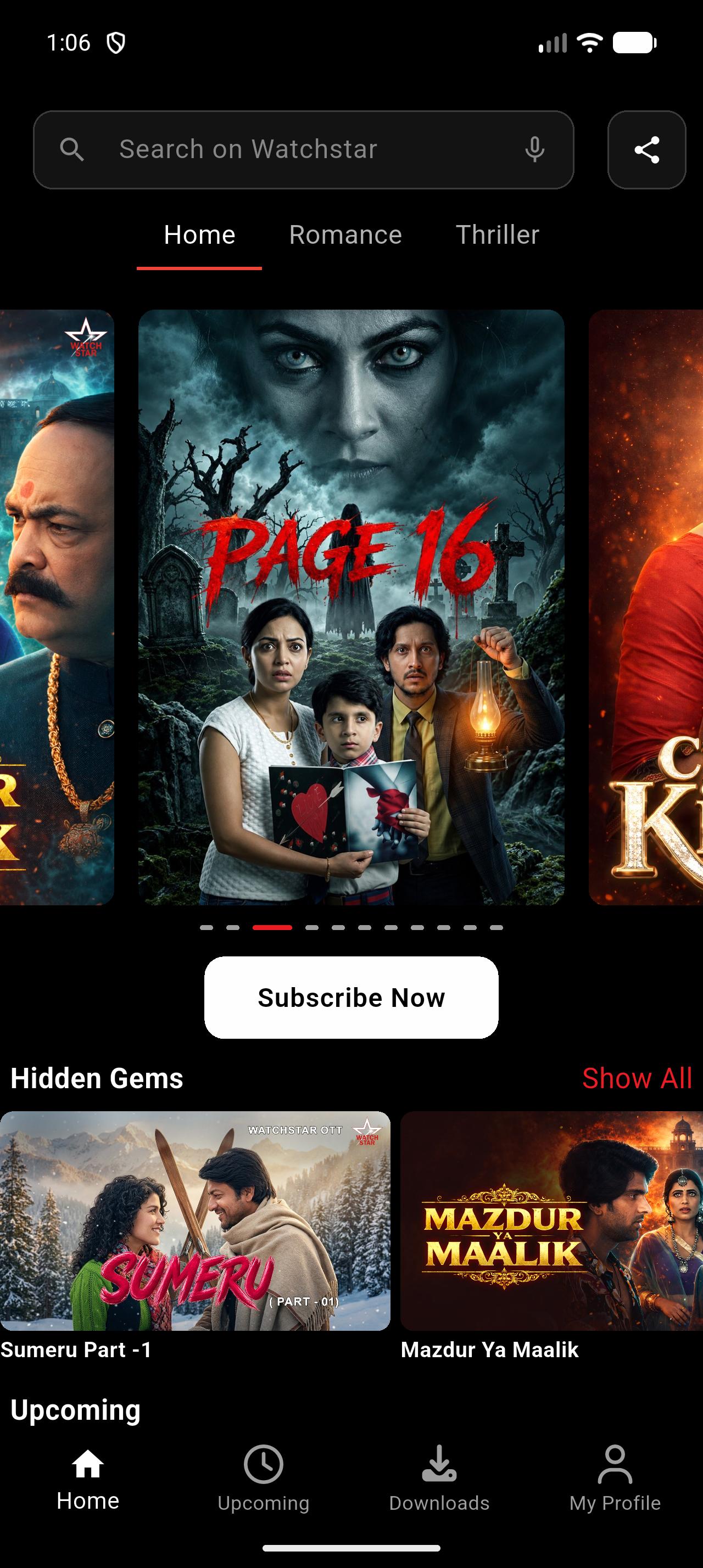 Home screen with Home, Romance and Thriller tabs over the featured carousel, and the Hidden Gems row below.