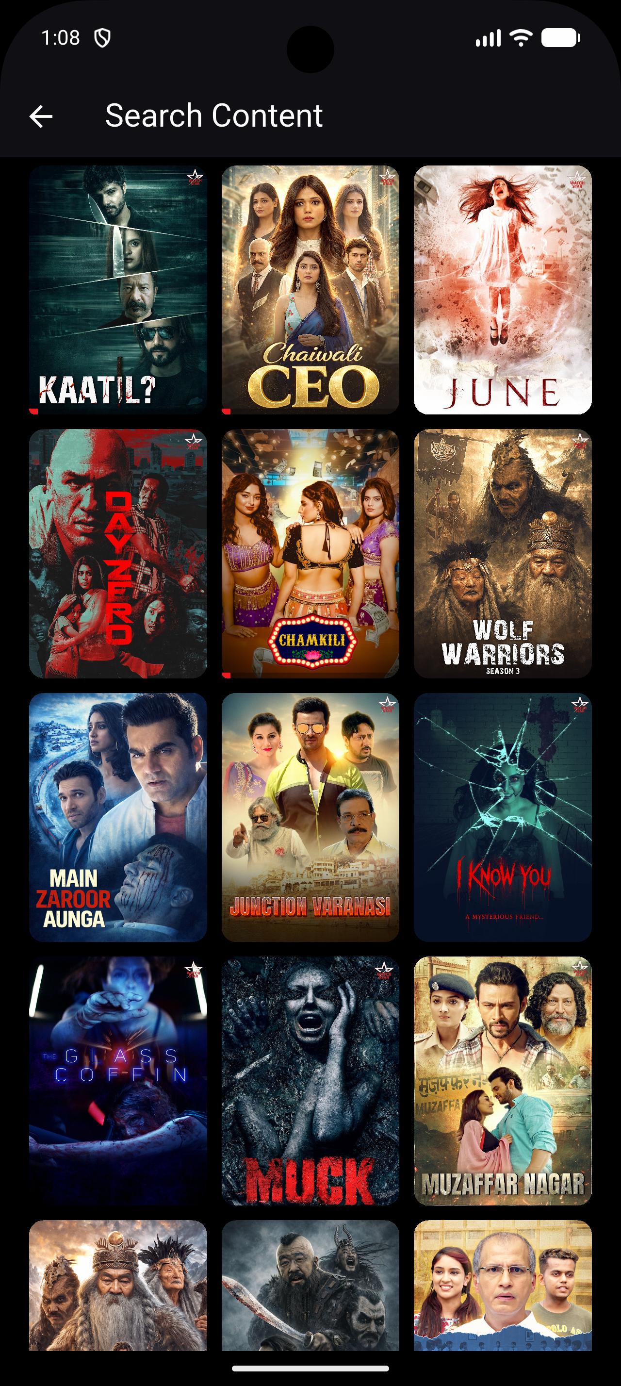 Search opens on a poster grid of the catalogue.