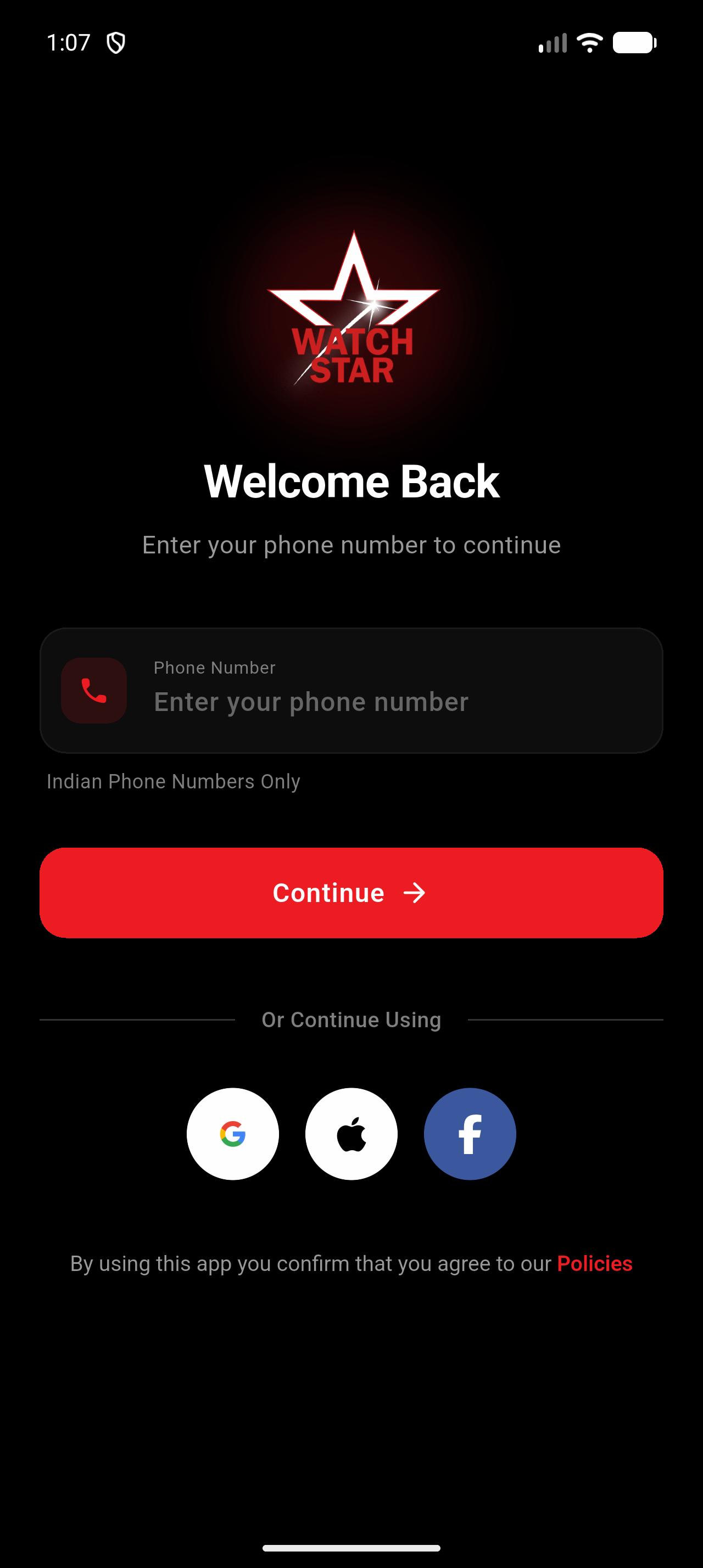 Sign-in by phone number, with Google, Apple and Facebook as alternatives.