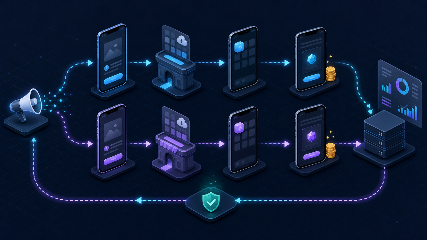 Two mobile platform paths completing install and purchase before a verified postback loop