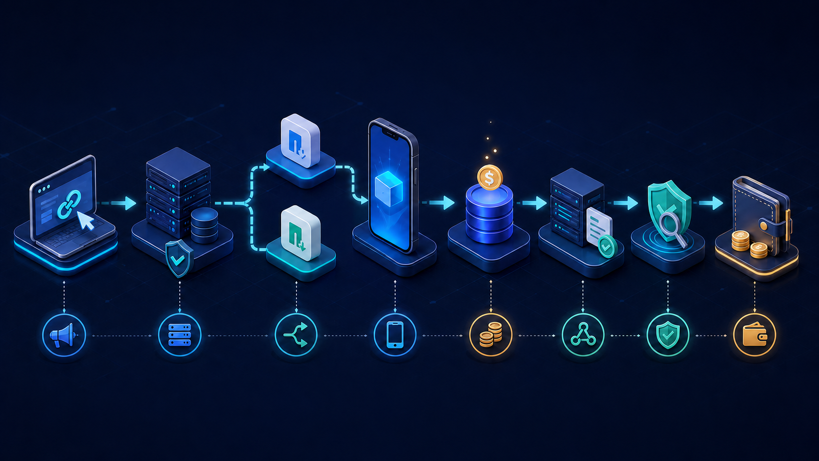 Affiliate attribution architecture from tracked link through store handoff to commission ledger