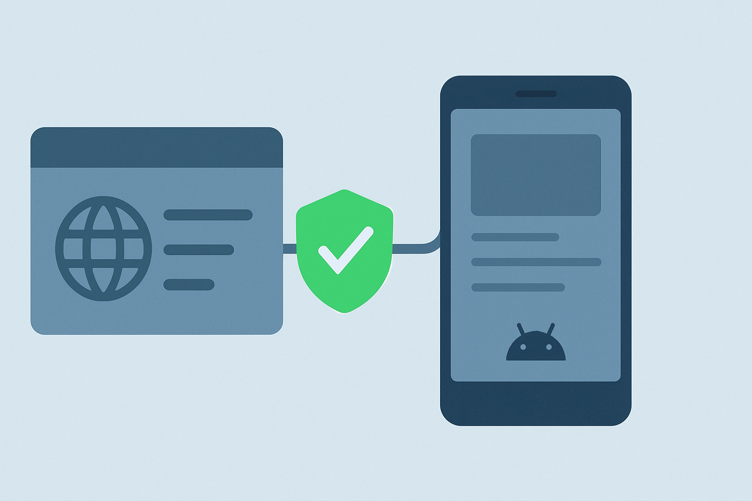Android App Links verification: a website domain connecting through a verified shield to an app screen