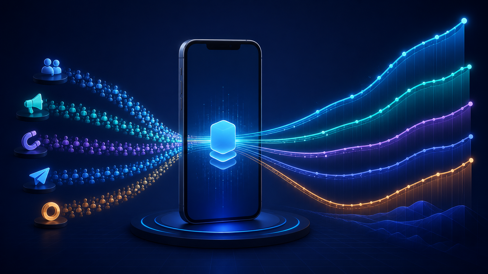 Install cohorts flowing through retention and revenue curves