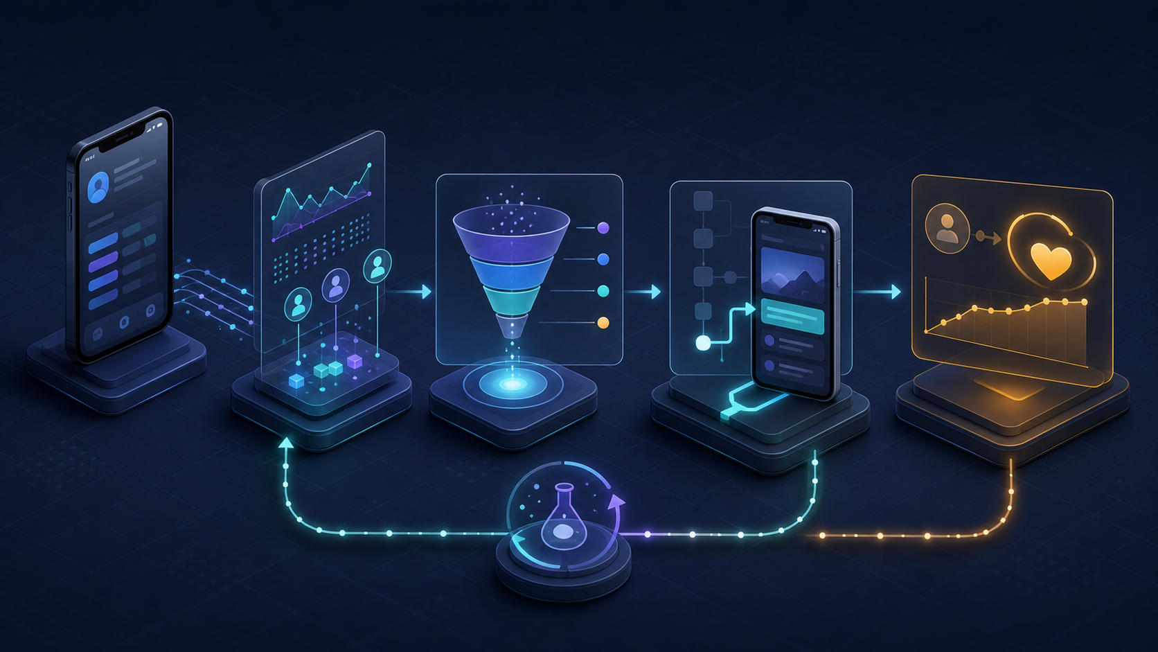An engagement workflow measures events, diagnoses drop-off, routes users to value, and tests retention
