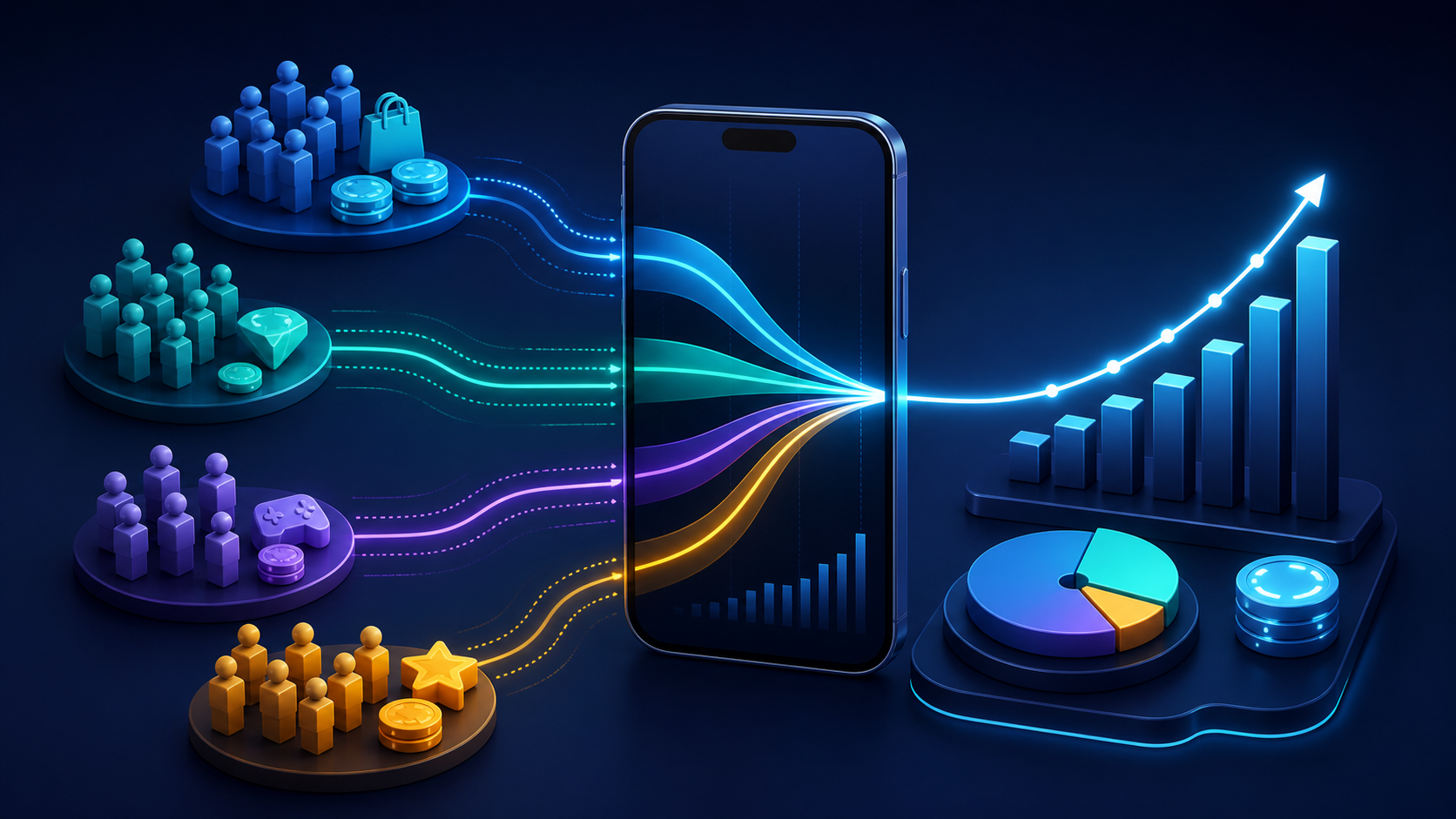 Paying-user cohorts flowing into an app revenue dashboard