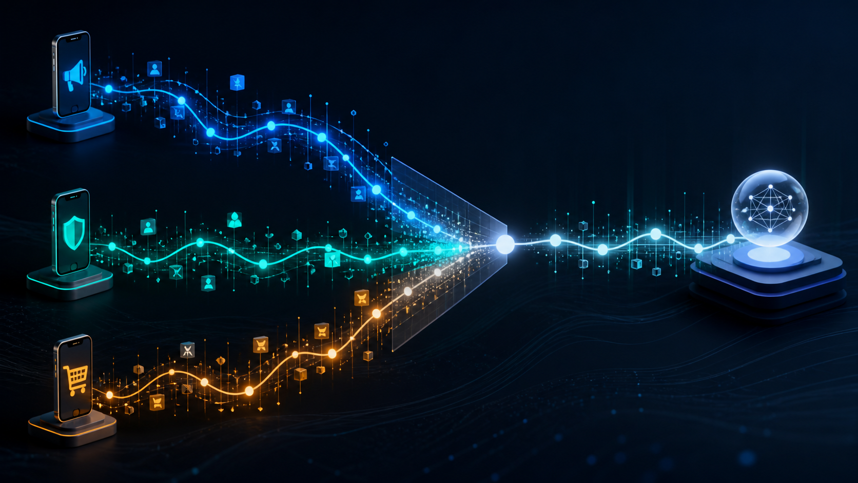 Separate campaign data streams converging into a reconciled attribution view