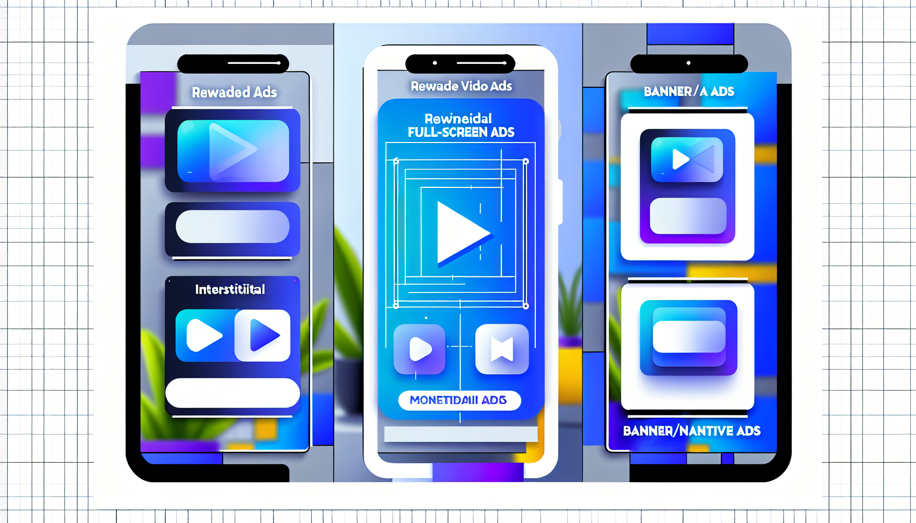 Mobile app AVOD ad formats including rewarded video, interstitial, and banner ads displayed on smartphone screens in a clean, minimal design