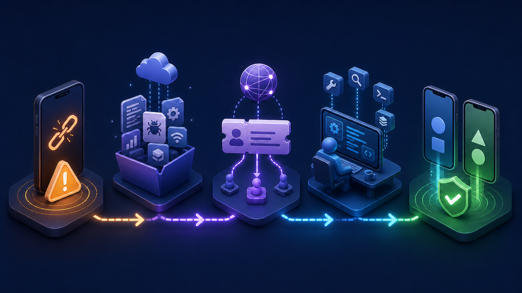 A five-stage workflow from a broken mobile link to a verified resolution