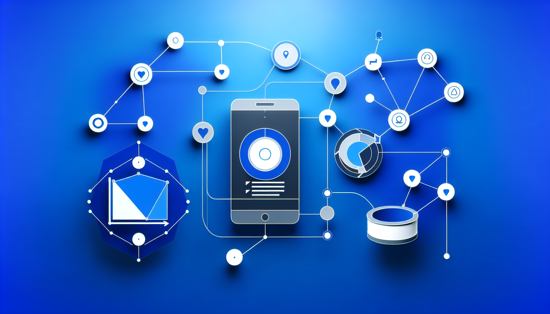 Mobile app campaign optimisation dashboard with attribution metrics and interconnected nodes