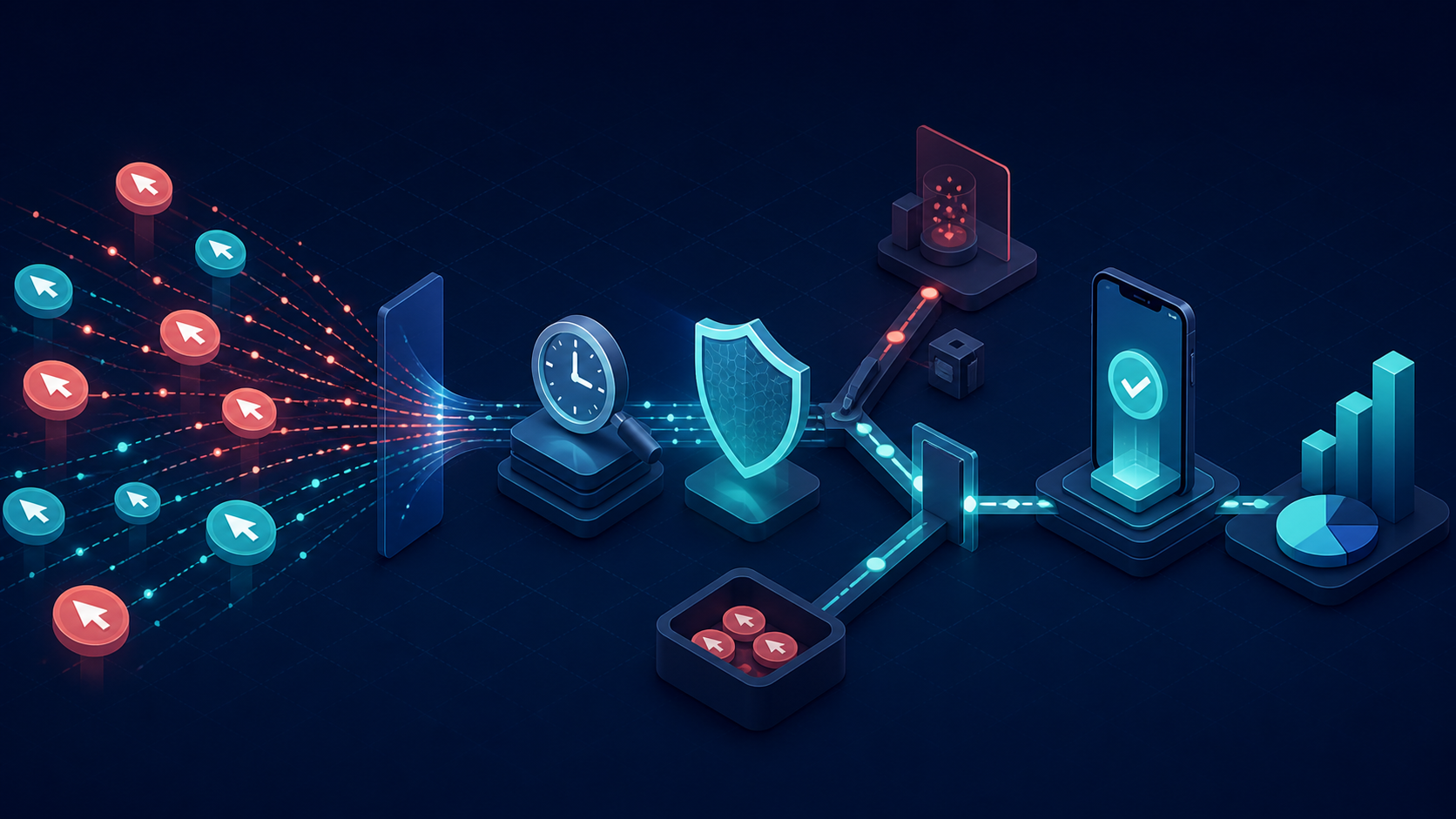 A mobile attribution team tracing suspicious clicks through validation, quarantine, and clean reporting