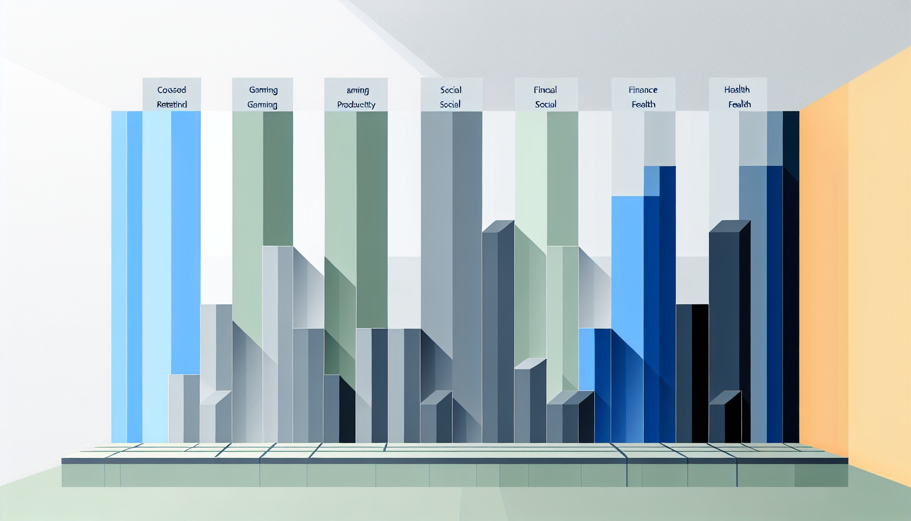 Cohort retention comparison chart displaying retention rate benchmarks across mobile app categories including gaming, productivity, social, finance, and health applications, visualized as horizontal bars in a professional flat design aesthetic.