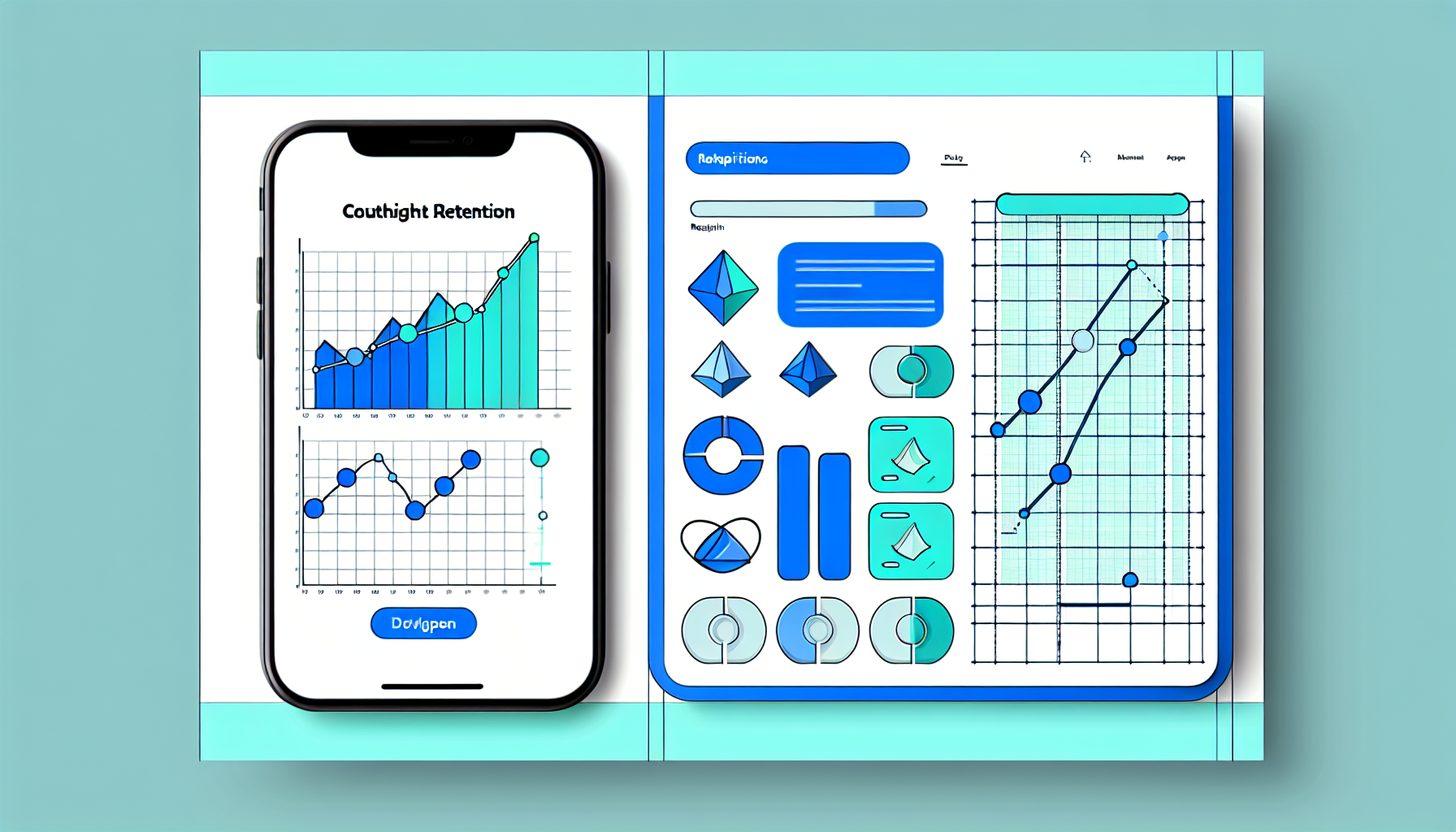 Mobile app cohort retention analytics dashboard illustration showing retention curves and data metrics