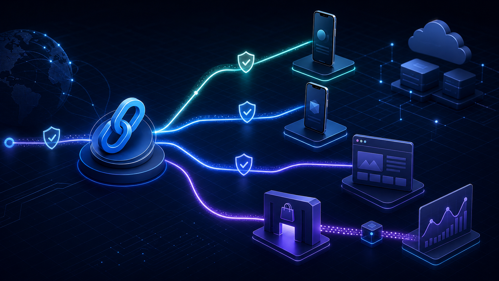 A branded HTTPS link branching into verified app routes, web fallback, and post-install measurement