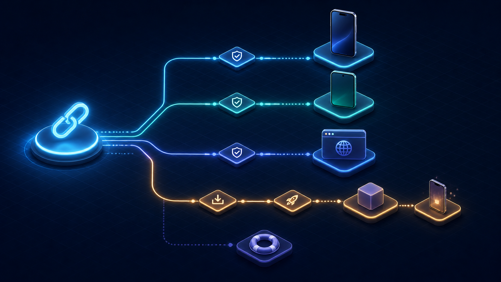 A link-routing matrix separates installed, web, and post-install journeys