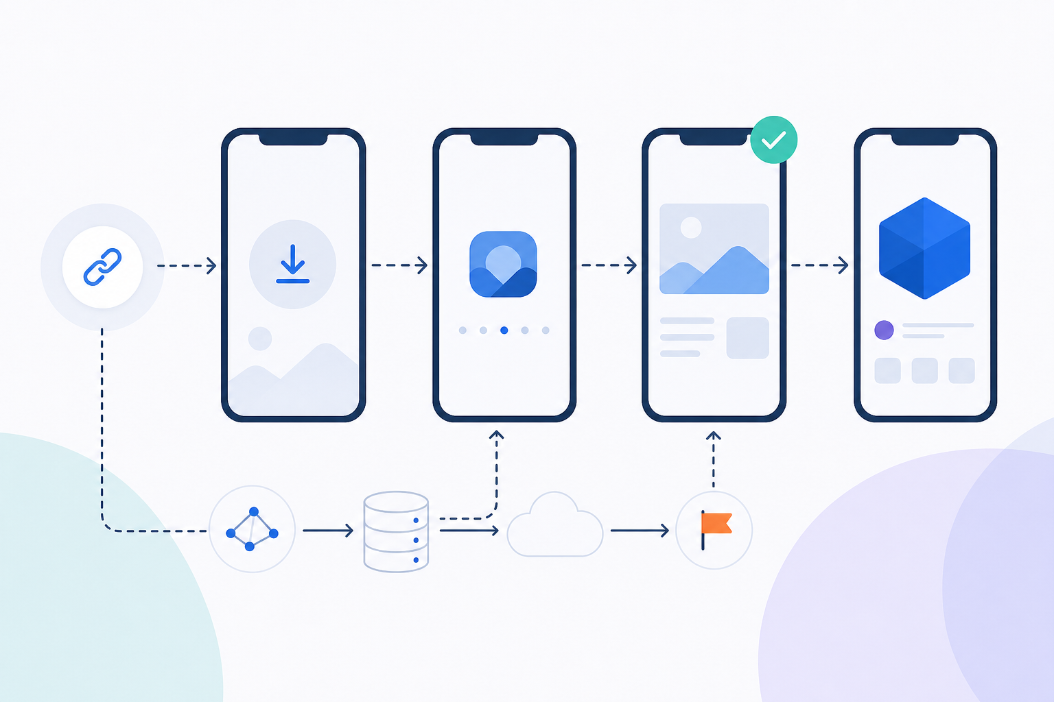 Minimalist illustration of deferred deep link data flow between mobile apps using geometric shapes and clean lines in blue and gray tones