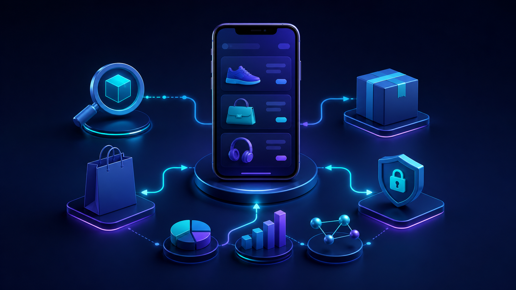 A mobile shopping journey connecting discovery, payment, delivery, and revenue measurement